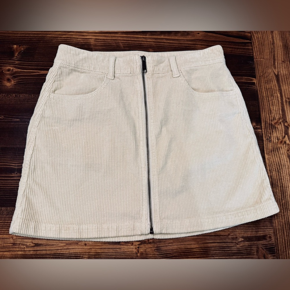 American Eagle Outfitters Cream Corduroy Zip Front Mini Skirt